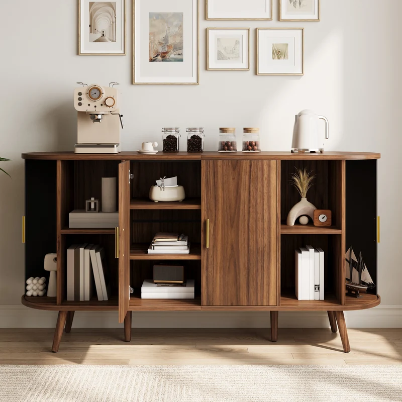 Buffet effet noyer avec portes coulissantes, design arrondi à rainures verticales accents dorés MINIMALISTCONTAINERS