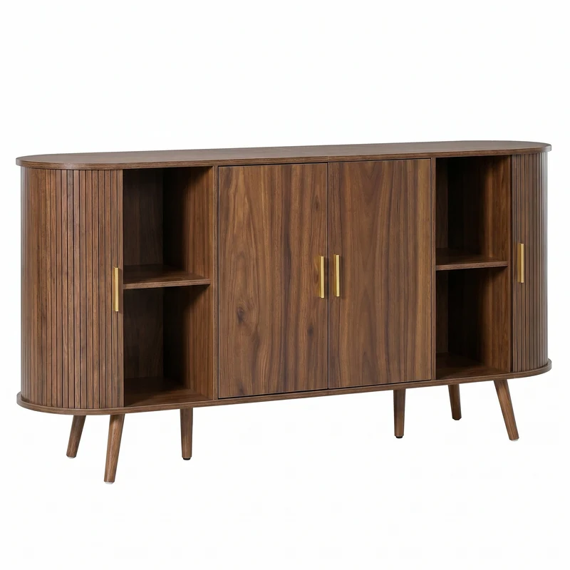 Buffet effet noyer avec portes coulissantes, design arrondi à rainures verticales accents dorés MINIMALISTCONTAINERS