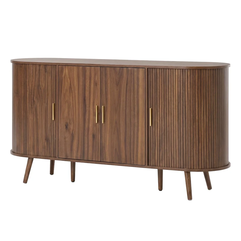 Buffet effet noyer avec portes coulissantes, design arrondi à rainures verticales accents dorés MINIMALISTCONTAINERS