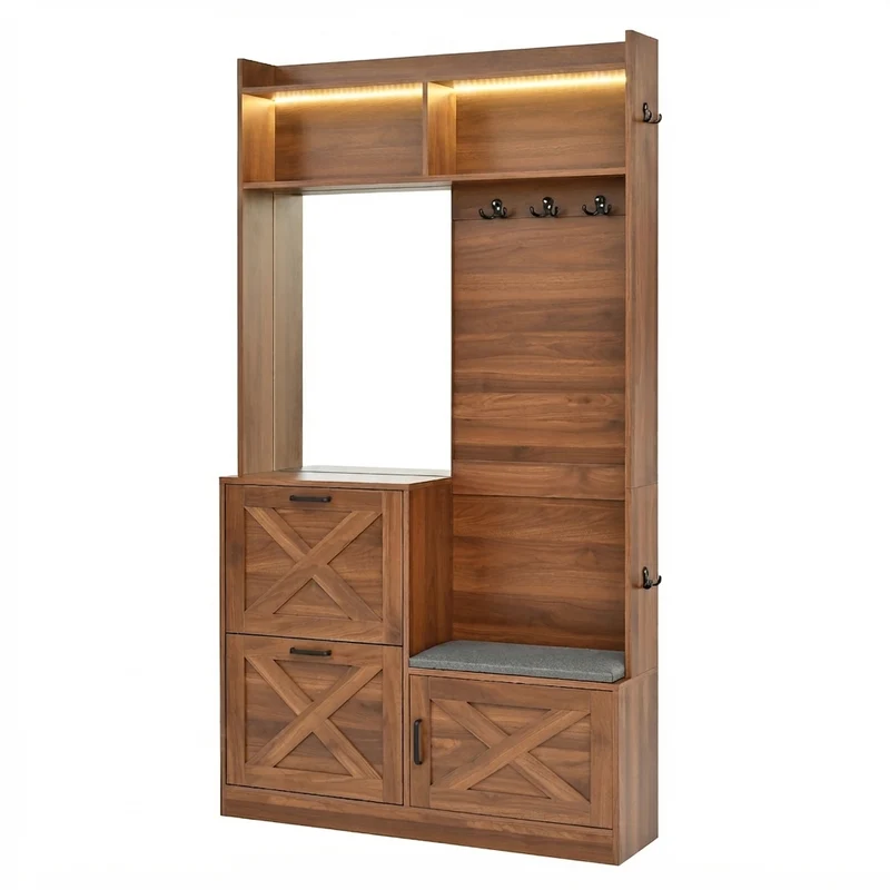 Vestiaire à l'entrée effet noyer avec éclairage LED, grand miroir, banquette rembourrée et meuble à chaussures MINIMALISTDIVIDERHOM