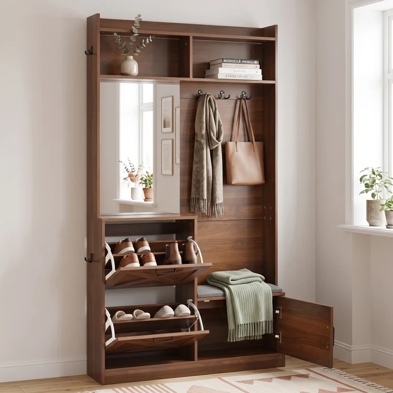 Vestiaire à l'entrée effet noyer avec éclairage LED, grand miroir, banquette rembourrée et meuble à chaussures MINIMALISTDIVIDERHOM