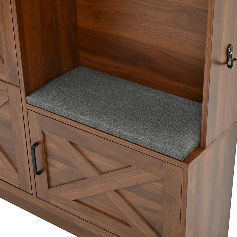 Vestiaire à l'entrée effet noyer avec éclairage LED, grand miroir, banquette rembourrée et meuble à chaussures MINIMALISTDIVIDERHOM
