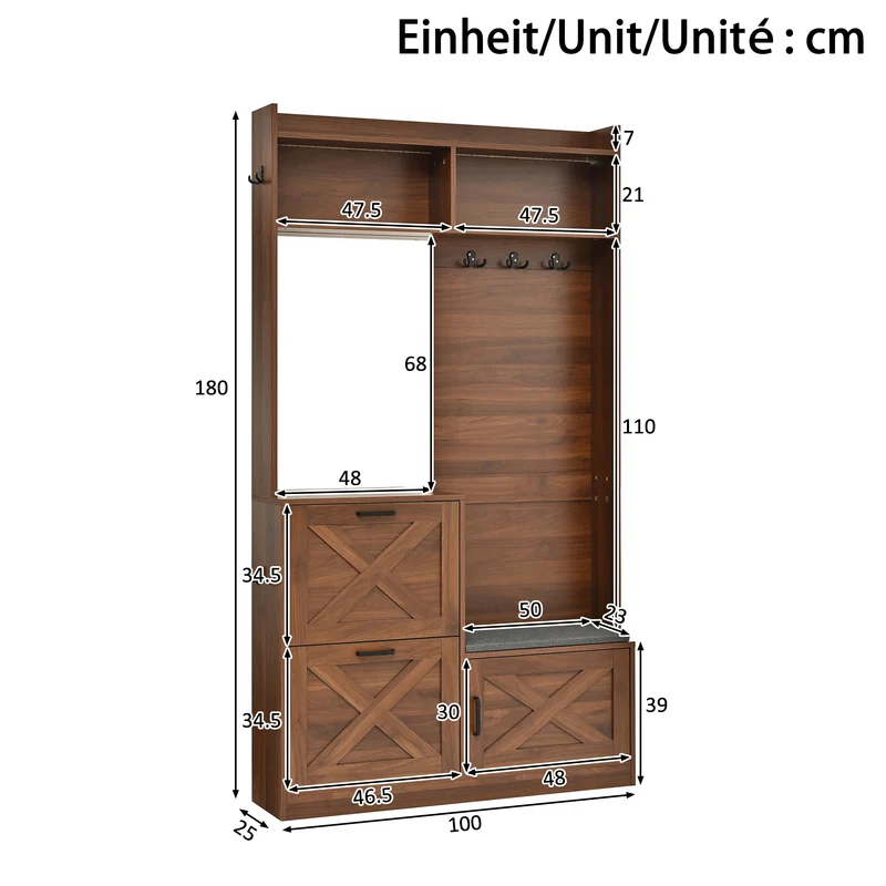Vestiaire à l'entrée effet noyer avec éclairage LED, grand miroir, banquette rembourrée et meuble à chaussures MINIMALISTDIVIDERHOM