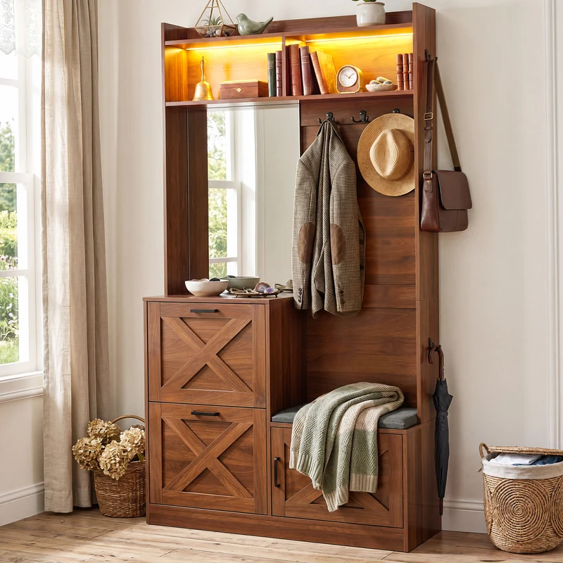 Vestiaire à l'entrée effet noyer avec éclairage LED, grand miroir, banquette rembourrée et meuble à chaussures MINIMALISTDIVIDERHOM