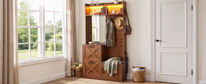 Vestiaire à l'entrée effet noyer avec éclairage LED, grand miroir, banquette rembourrée et meuble à chaussures MINIMALISTDIVIDERHOM