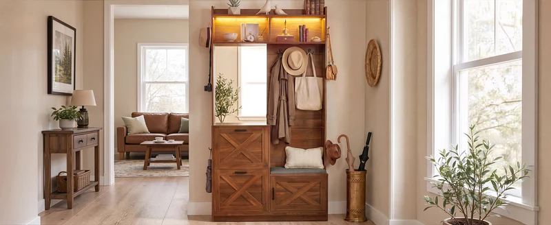 Vestiaire à l'entrée effet noyer avec éclairage LED, grand miroir, banquette rembourrée et meuble à chaussures MINIMALISTDIVIDERHOM