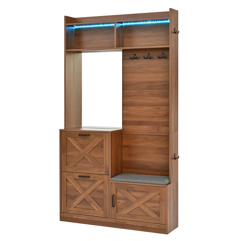 Vestiaire à l'entrée effet noyer avec éclairage LED, grand miroir, banquette rembourrée et meuble à chaussures MINIMALISTDIVIDERHOM