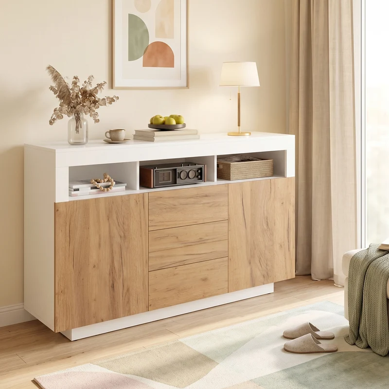 Buffet moderne blanc effet bois naturel avec 3 tiroirs, 2 portes et 3 niches ouvertes MINIMALISTMIRROR