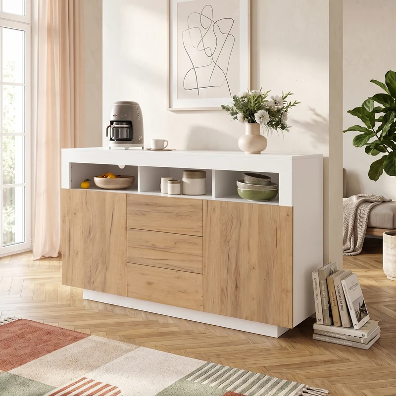 Buffet moderne blanc effet bois naturel avec 3 tiroirs, 2 portes et 3 niches ouvertes MINIMALISTMIRROR