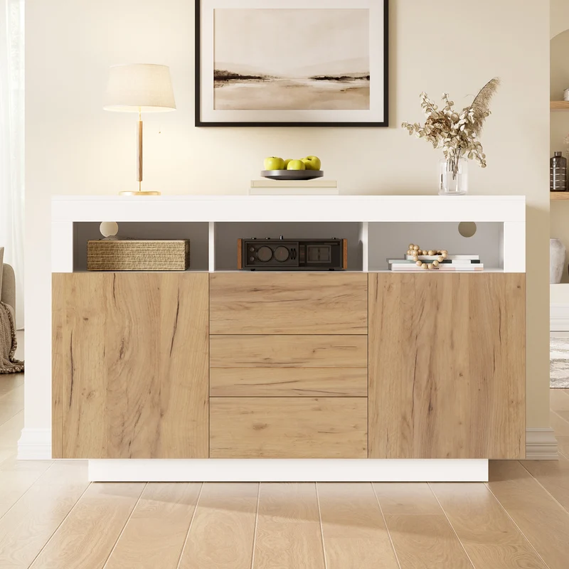 Buffet moderne blanc effet bois naturel avec 3 tiroirs, 2 portes et 3 niches ouvertes MINIMALISTMIRROR