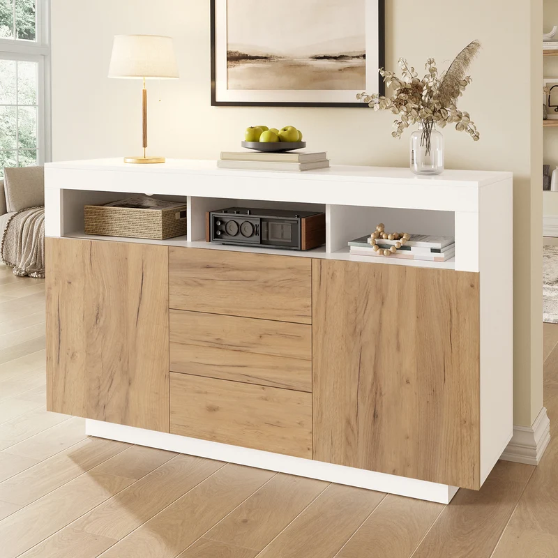 Buffet moderne blanc effet bois naturel avec 3 tiroirs, 2 portes et 3 niches ouvertes MINIMALISTMIRROR