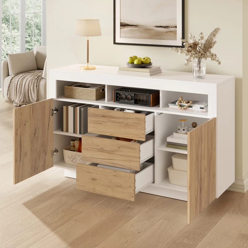 Buffet moderne blanc effet bois naturel avec 3 tiroirs, 2 portes et 3 niches ouvertes MINIMALISTMIRROR