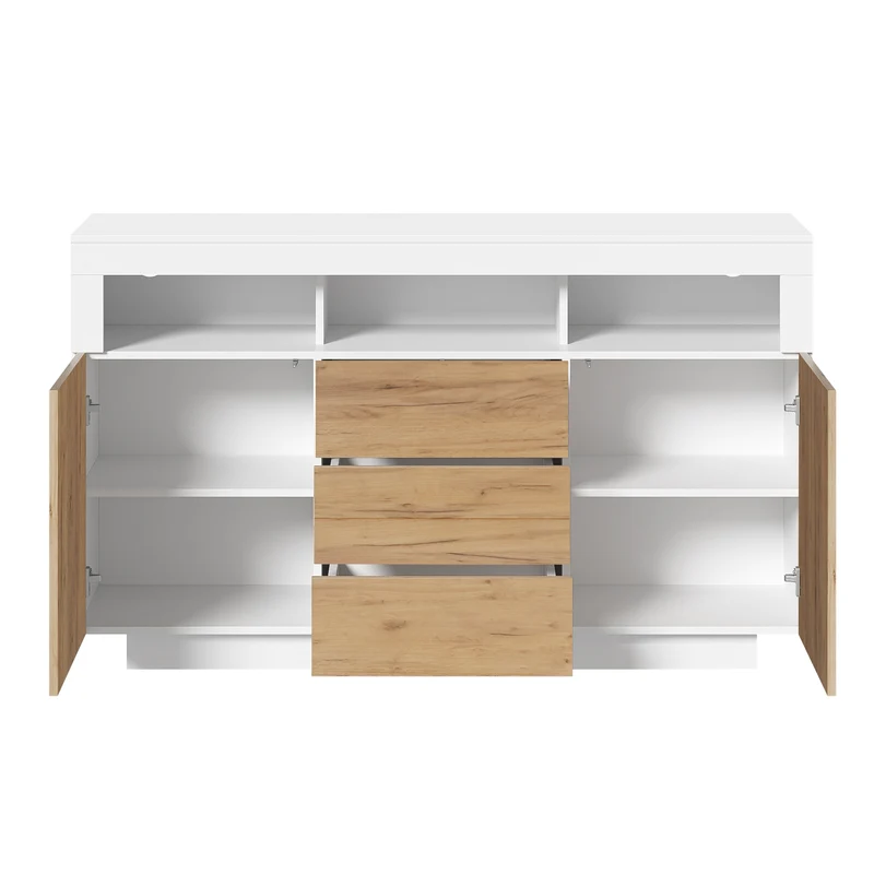 Buffet moderne blanc effet bois naturel avec 3 tiroirs, 2 portes et 3 niches ouvertes MINIMALISTMIRROR