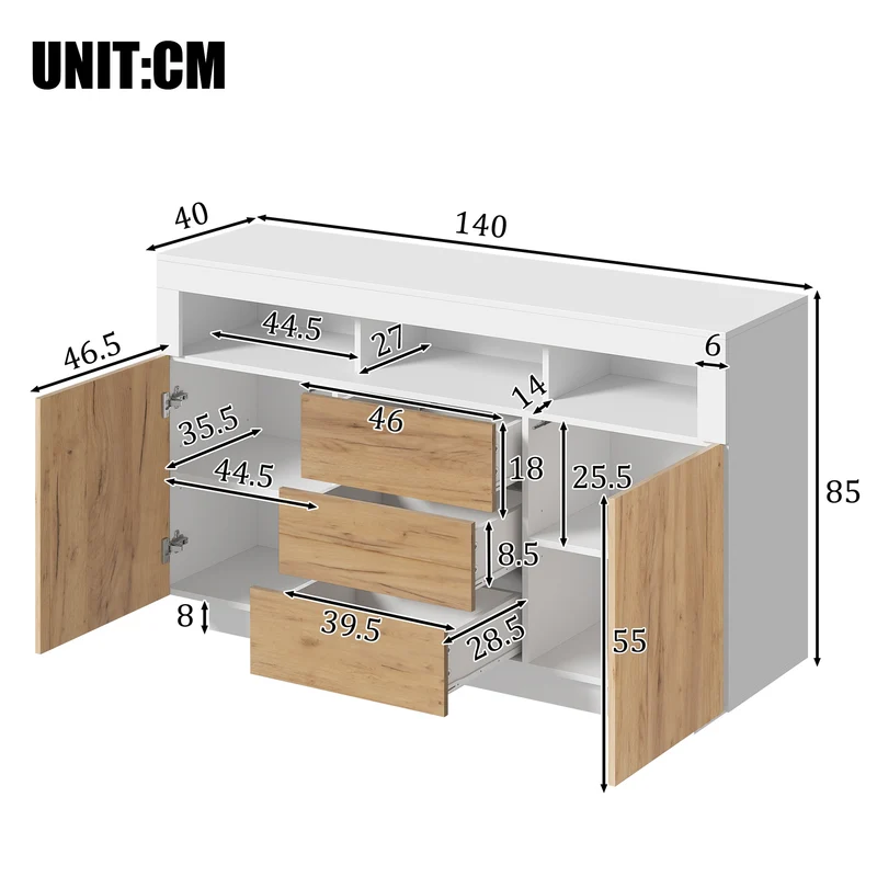 Buffet moderne blanc effet bois naturel avec 3 tiroirs, 2 portes et 3 niches ouvertes MINIMALISTMIRROR