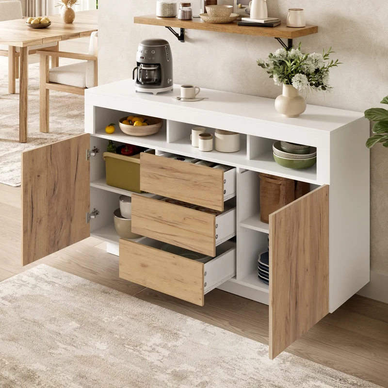 Buffet moderne blanc effet bois naturel avec 3 tiroirs, 2 portes et 3 niches ouvertes MINIMALISTMIRROR