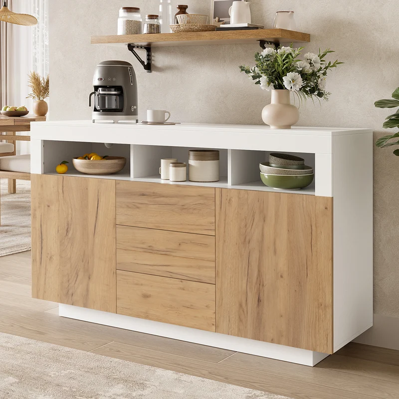 Buffet moderne blanc effet bois naturel avec 3 tiroirs, 2 portes et 3 niches ouvertes MINIMALISTMIRROR