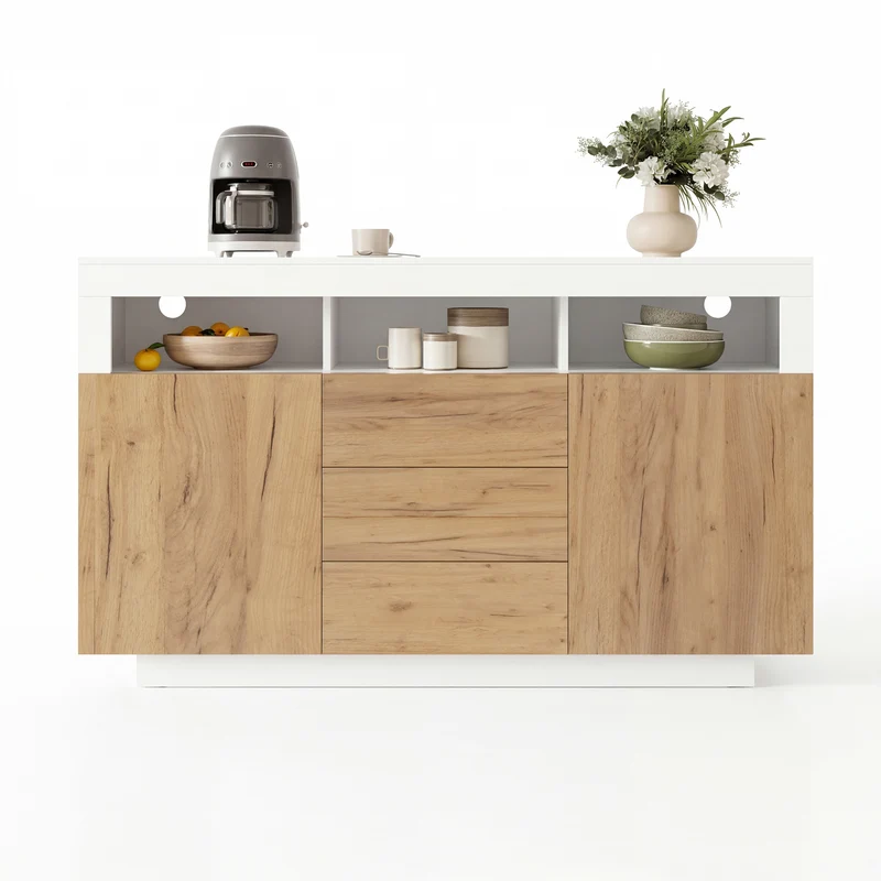 Buffet moderne blanc effet bois naturel avec 3 tiroirs, 2 portes et 3 niches ouvertes MINIMALISTMIRROR