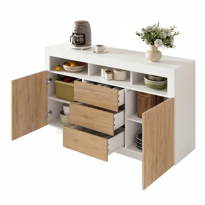 Buffet moderne blanc effet bois naturel avec 3 tiroirs, 2 portes et 3 niches ouvertes MINIMALISTMIRROR
