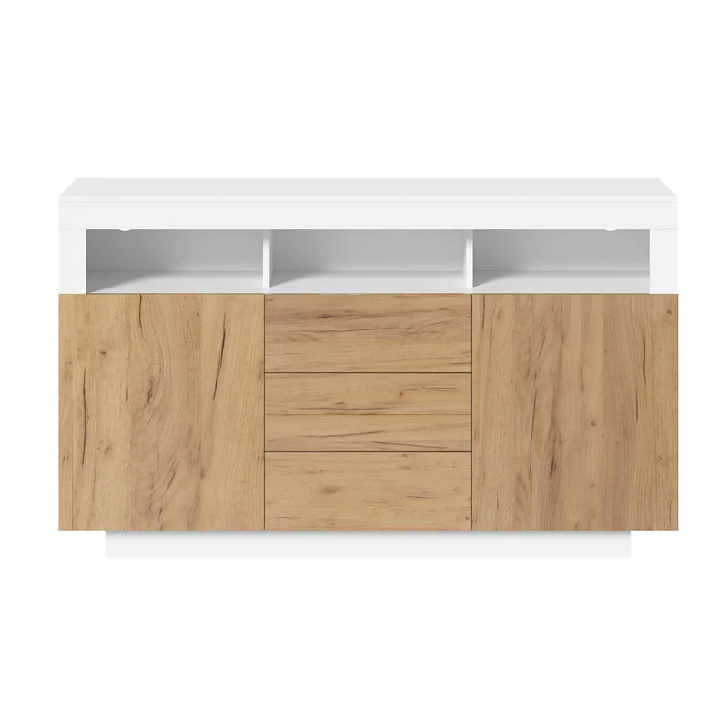 Buffet moderne blanc effet bois naturel avec 3 tiroirs, 2 portes et 3 niches ouvertes MINIMALISTMIRROR