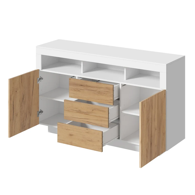 Buffet moderne blanc effet bois naturel avec 3 tiroirs, 2 portes et 3 niches ouvertes MINIMALISTMIRROR