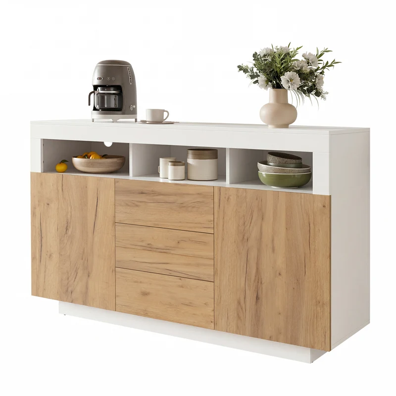 Buffet moderne blanc effet bois naturel avec 3 tiroirs, 2 portes et 3 niches ouvertes MINIMALISTMIRROR