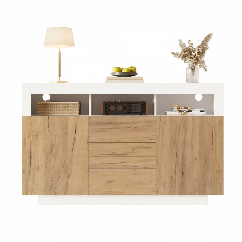 Buffet moderne blanc effet bois naturel avec 3 tiroirs, 2 portes et 3 niches ouvertes MINIMALISTMIRROR