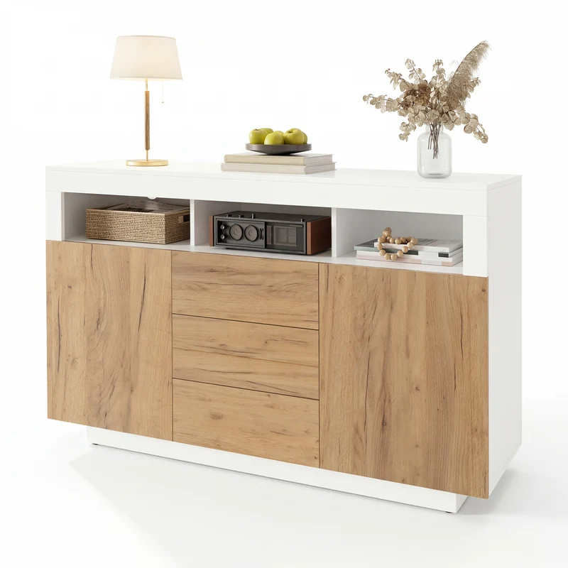 Buffet moderne blanc effet bois naturel avec 3 tiroirs, 2 portes et 3 niches ouvertes MINIMALISTMIRROR