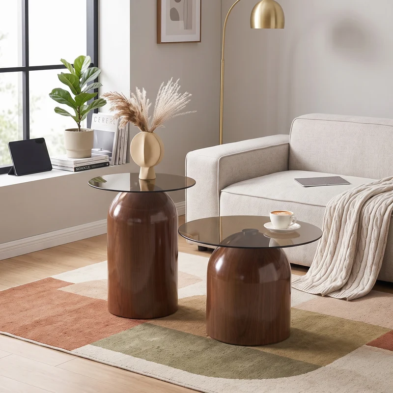 Set de 2 tables basses gigognes cloche en verre trempé et acier effet noyer MINIMALISTELITE
