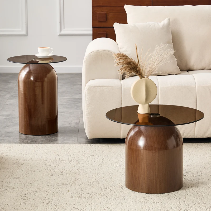 Set de 2 tables basses gigognes cloche en verre trempé et acier effet noyer MINIMALISTELITE