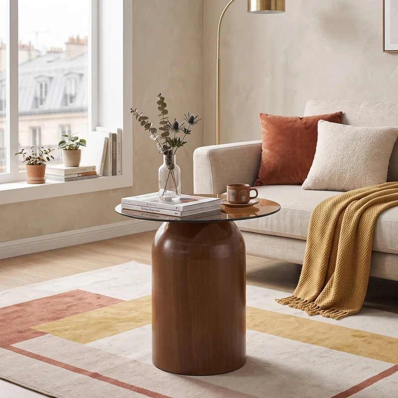 Set de 2 tables basses gigognes cloche en verre trempé et acier effet noyer MINIMALISTELITE
