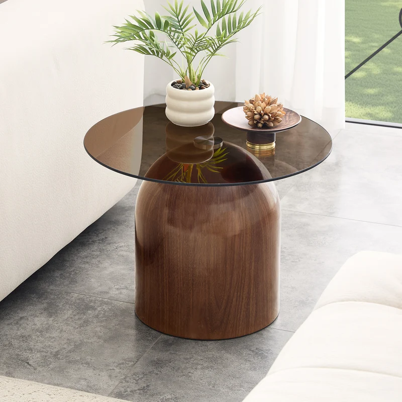 Set de 2 tables basses gigognes cloche en verre trempé et acier effet noyer MINIMALISTELITE