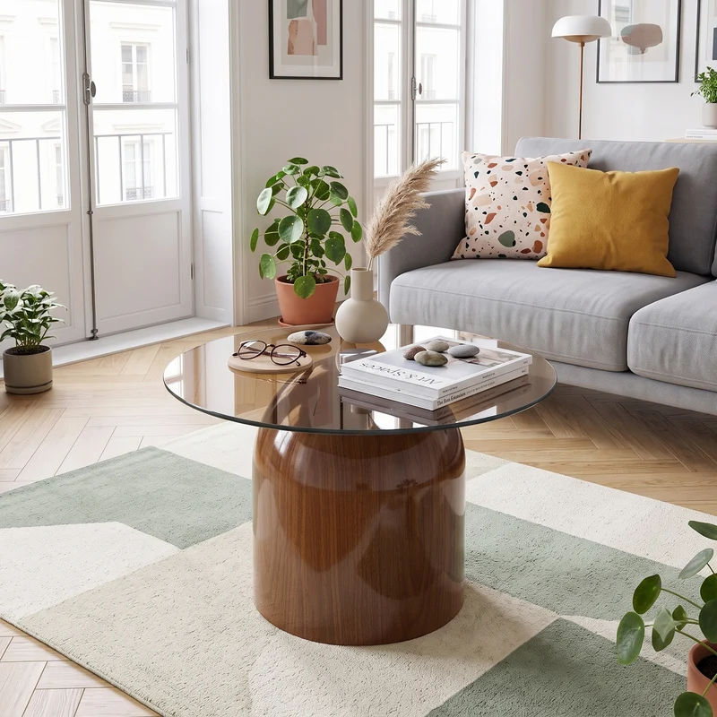 Set de 2 tables basses gigognes cloche en verre trempé et acier effet noyer MINIMALISTELITE