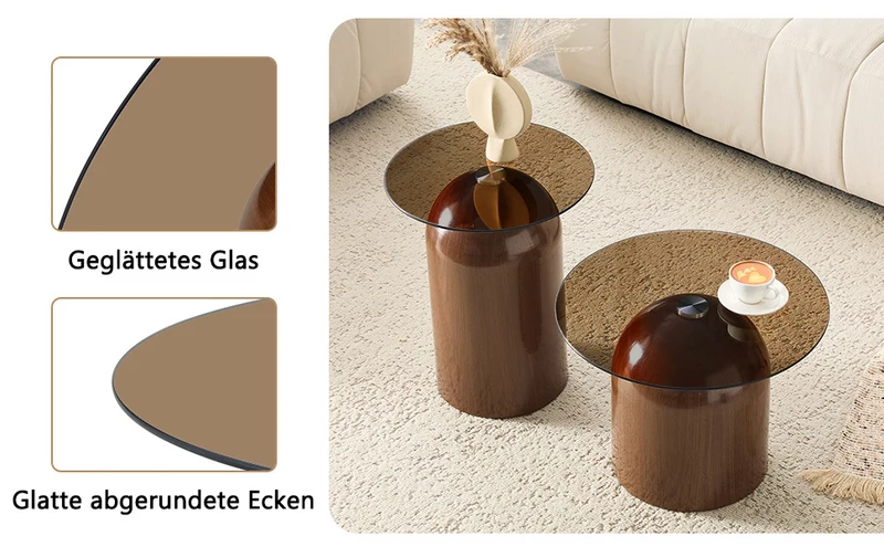 Set de 2 tables basses gigognes cloche en verre trempé et acier effet noyer MINIMALISTELITE