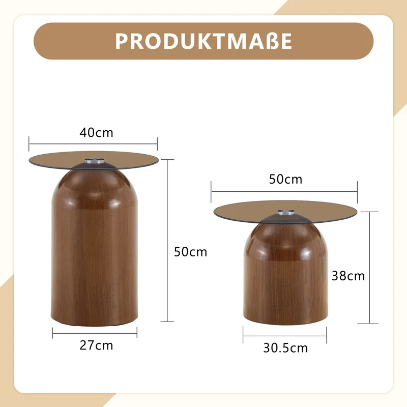 Set de 2 tables basses gigognes cloche en verre trempé et acier effet noyer MINIMALISTELITE