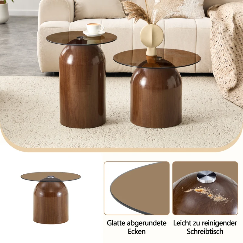 Set de 2 tables basses gigognes cloche en verre trempé et acier effet noyer MINIMALISTELITE