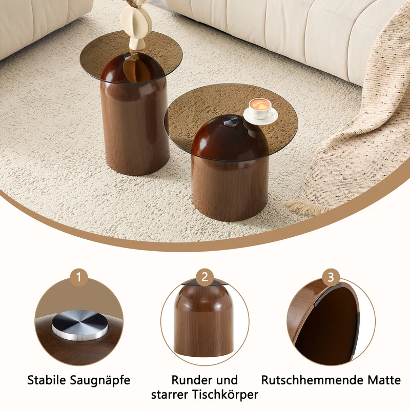 Set de 2 tables basses gigognes cloche en verre trempé et acier effet noyer MINIMALISTELITE