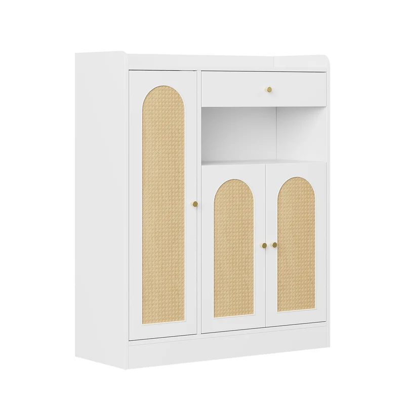Meuble à chaussures blanc et en rotin 3 portes et 1 tiroir 90x35x110cm MINIMALISTORGANIZERA