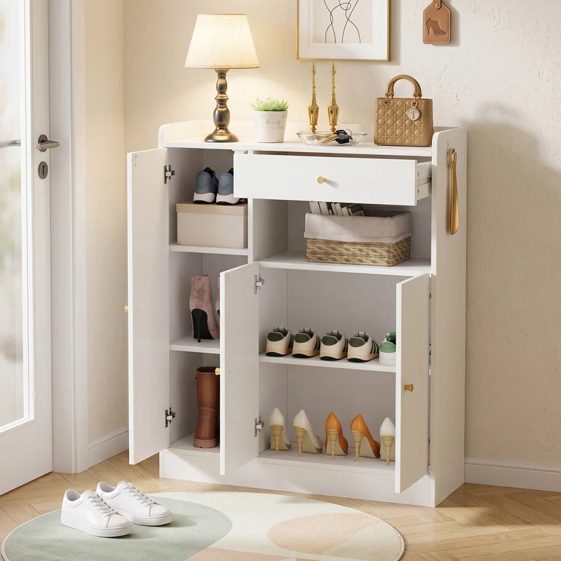 Meuble à chaussures blanc et en rotin 3 portes et 1 tiroir 90x35x110cm MINIMALISTORGANIZERA