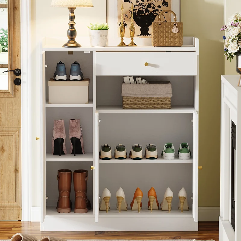 Meuble à chaussures blanc et en rotin 3 portes et 1 tiroir 90x35x110cm MINIMALISTORGANIZERA