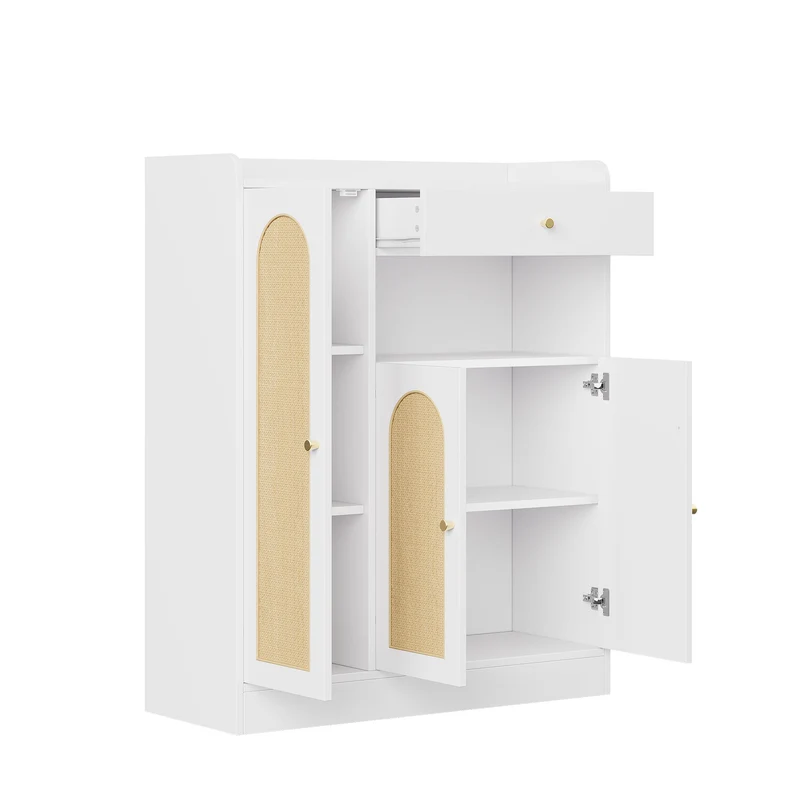 Meuble à chaussures blanc et en rotin 3 portes et 1 tiroir 90x35x110cm MINIMALISTORGANIZERA