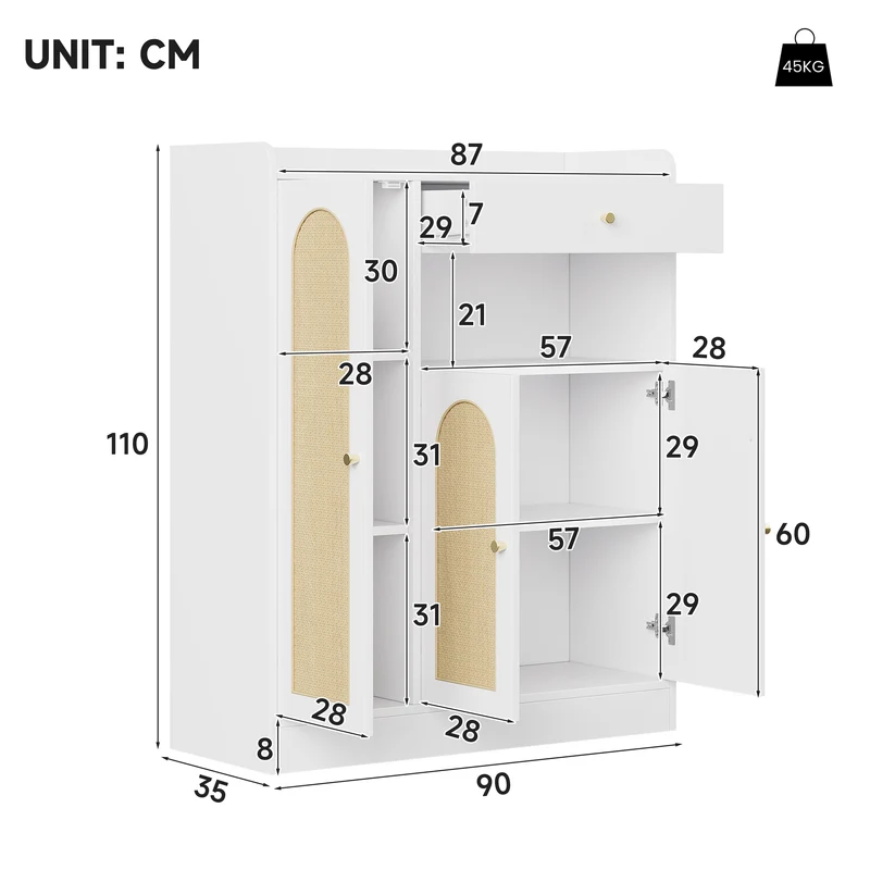Meuble à chaussures blanc et en rotin 3 portes et 1 tiroir 90x35x110cm MINIMALISTORGANIZERA