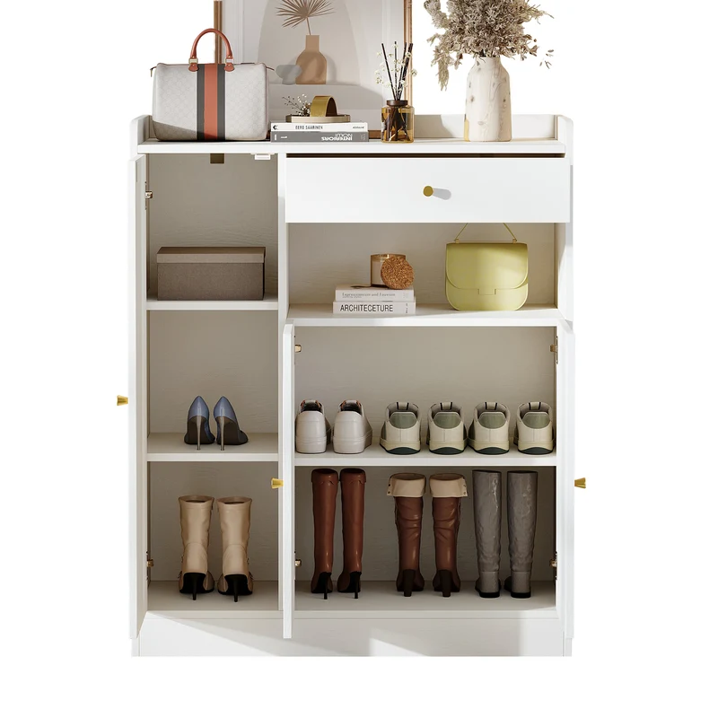 Meuble à chaussures blanc et en rotin 3 portes et 1 tiroir 90x35x110cm MINIMALISTORGANIZERA