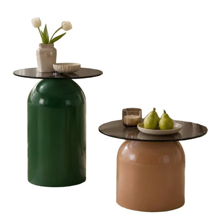 Ensemble de tables basses gigognes cloches Ø40/50cm en verre trempé teinté et acier brillant vert/café MINIMALISTCONSOLEART