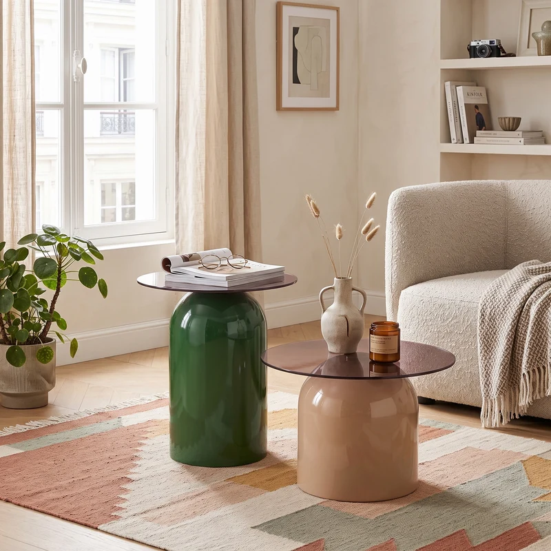 Ensemble de tables basses gigognes cloches Ø40/50cm en verre trempé teinté et acier brillant vert/café MINIMALISTCONSOLEART