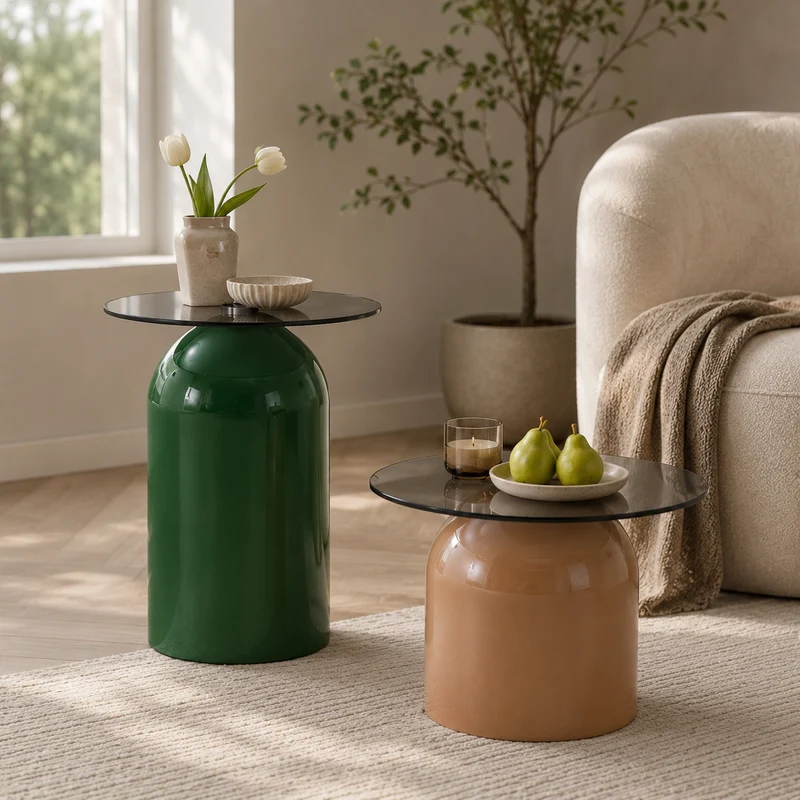 Ensemble de tables basses gigognes cloches Ø40/50cm en verre trempé teinté et acier brillant vert/café MINIMALISTCONSOLEART