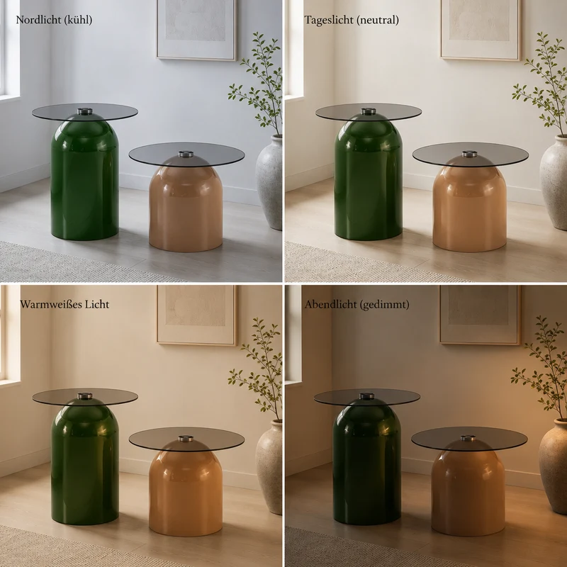 Ensemble de tables basses gigognes cloches Ø40/50cm en verre trempé teinté et acier brillant vert/café MINIMALISTCONSOLEART