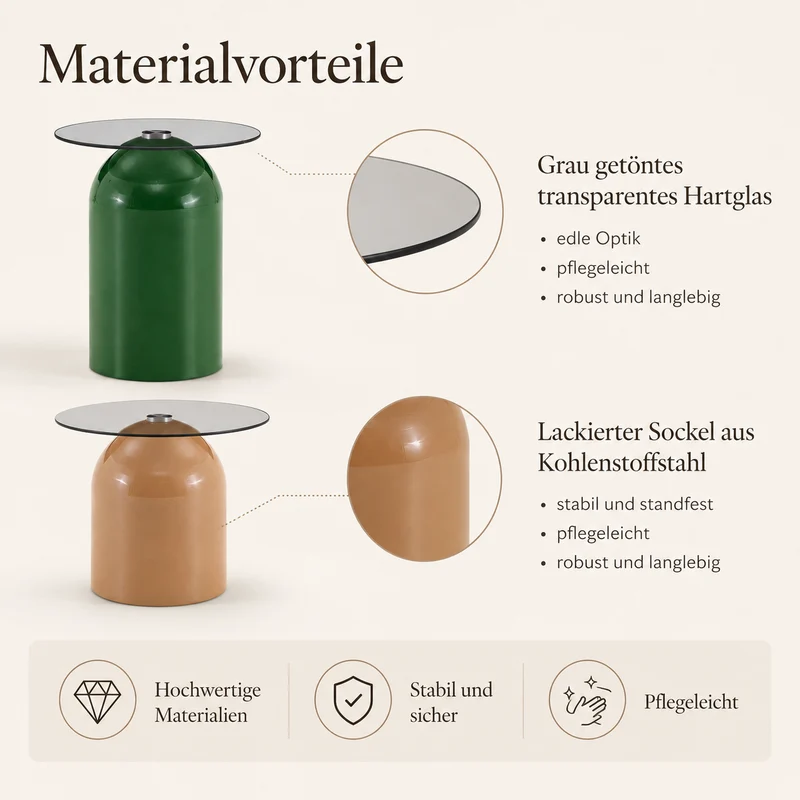 Ensemble de tables basses gigognes cloches Ø40/50cm en verre trempé teinté et acier brillant vert/café MINIMALISTCONSOLEART
