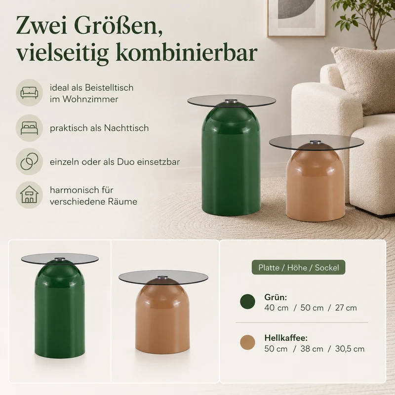 Ensemble de tables basses gigognes cloches Ø40/50cm en verre trempé teinté et acier brillant vert/café MINIMALISTCONSOLEART