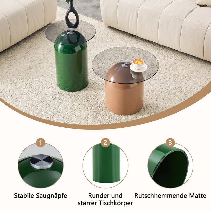 Ensemble de tables basses gigognes cloches Ø40/50cm en verre trempé teinté et acier brillant vert/café MINIMALISTCONSOLEART
