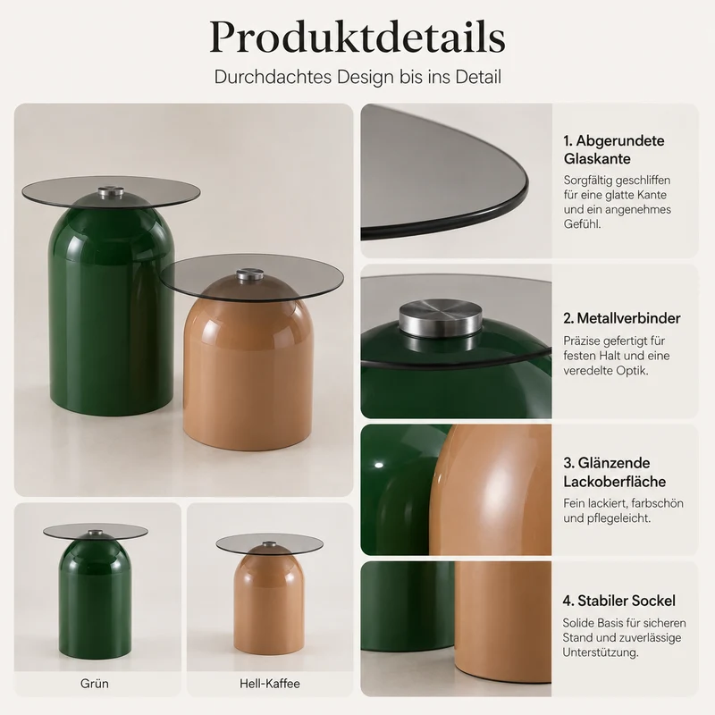 Ensemble de tables basses gigognes cloches Ø40/50cm en verre trempé teinté et acier brillant vert/café MINIMALISTCONSOLEART